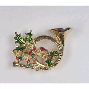 Signed Avante Enamel & Gold Tone Christmas Holiday French Horn Bow Brooch, Pin